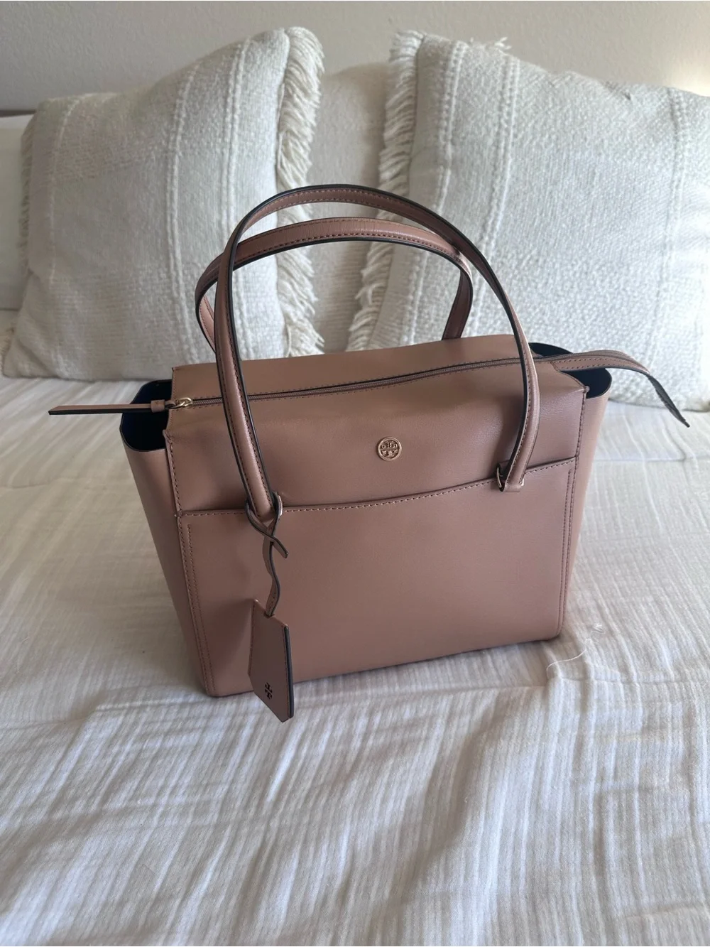 Tory Burch Parker Small Leather Tote Bag Cardamom Tan Brown Gold Hardware